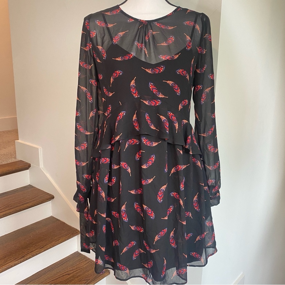 Sam Edelman Black Red Feather Print Ruffle Long Sleeve Babydoll Dress Siz 2 Boho